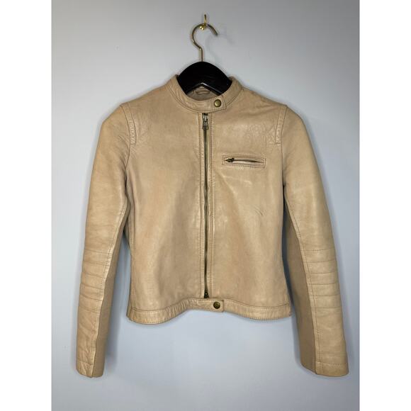 J. Crew Collection Y2K Leather Vintage Motto Zip Jacket Beige Women's 2 - Picture 1 of 13